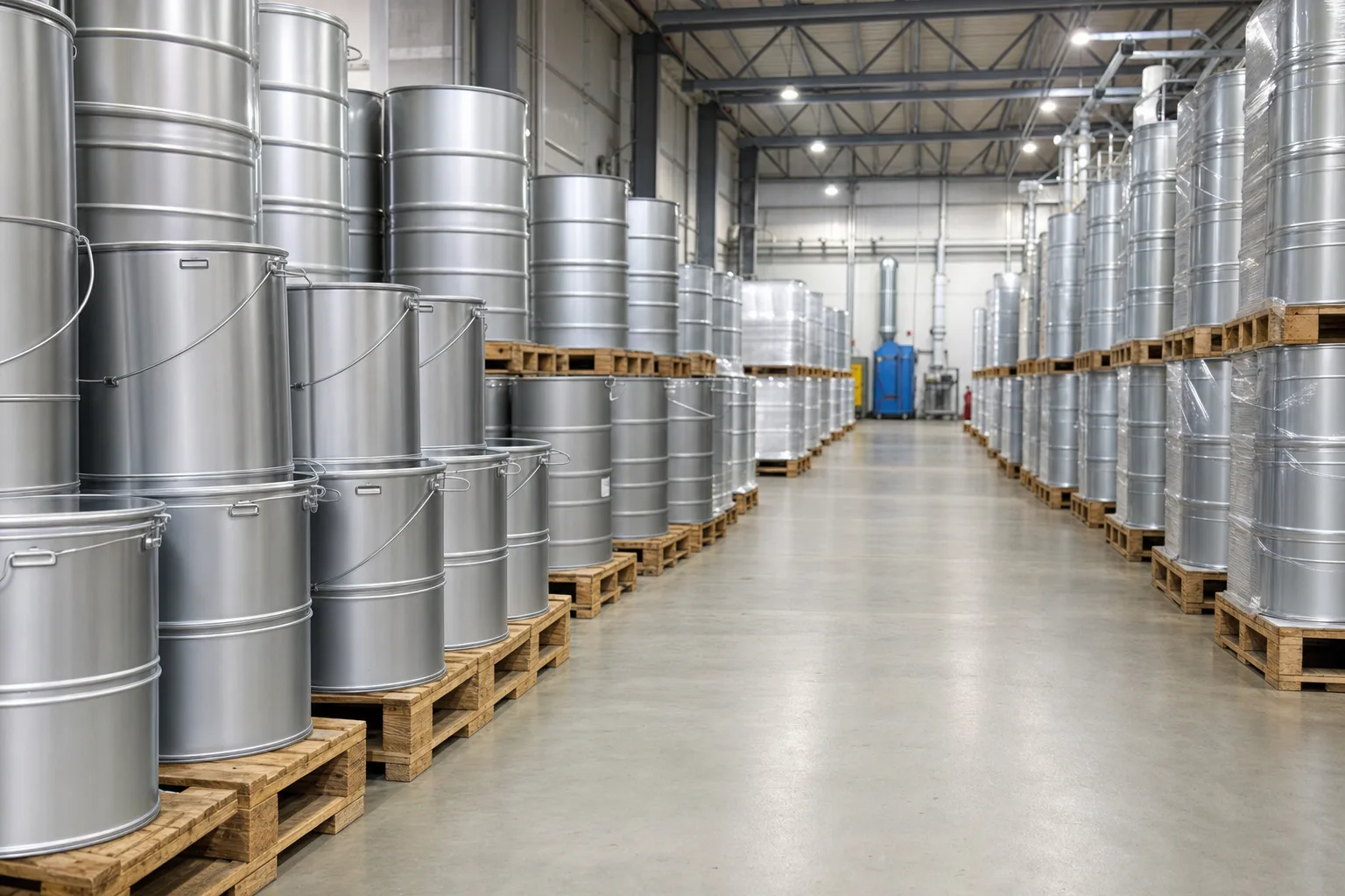 Plain unlabelled paint tins stacked on pallets in a clean factory